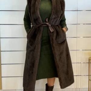 Gilet lungo da donna in ecopelliccia con cintura